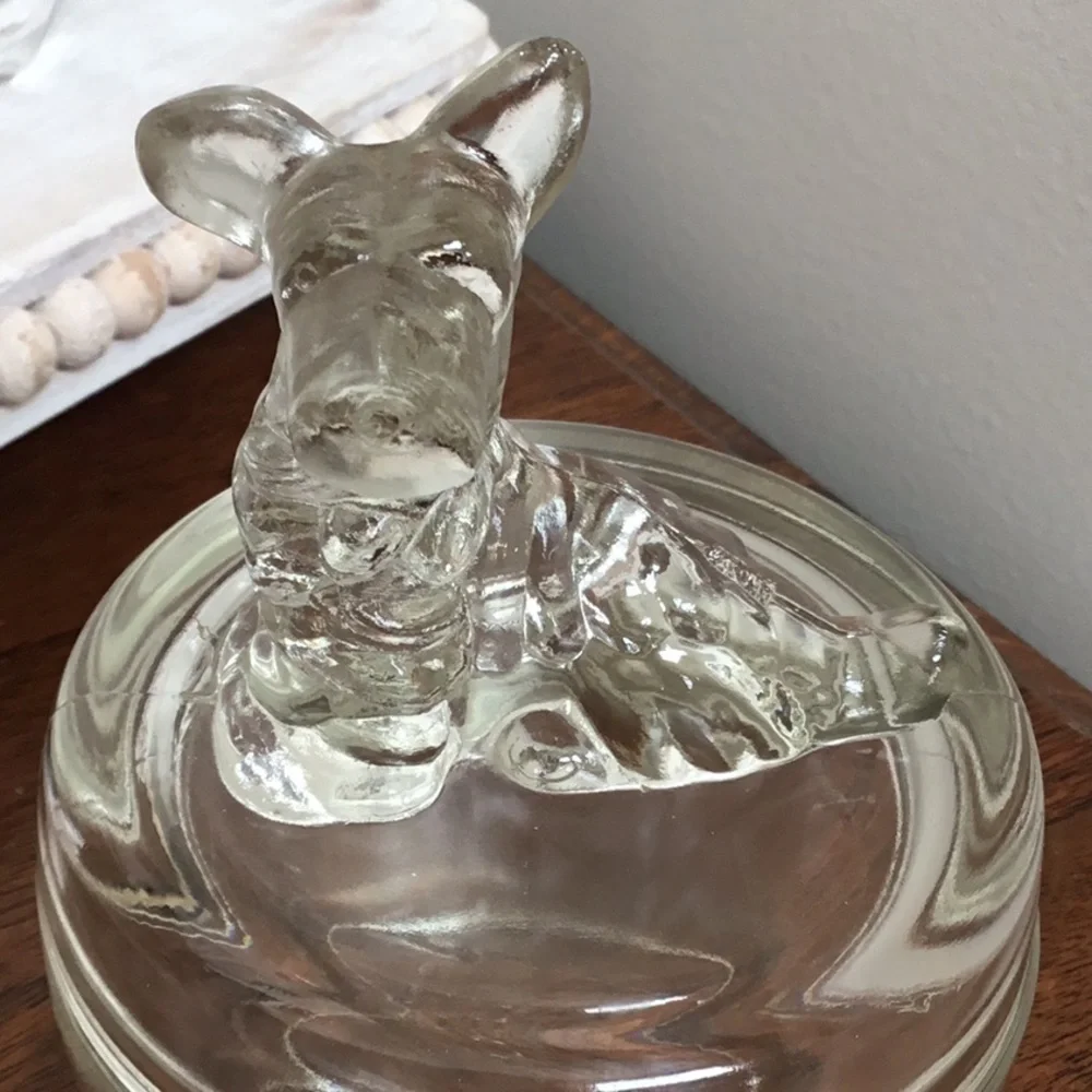 VINTAGE clear glass Scottie dog powder dish, trinket dish with lid